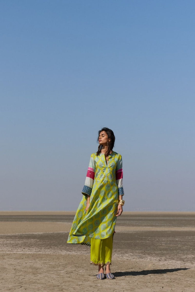 LIME PRINTED SILK BACK PLEAT KURTA SET Kurta Sets by Rajiramniq for women in Singapore