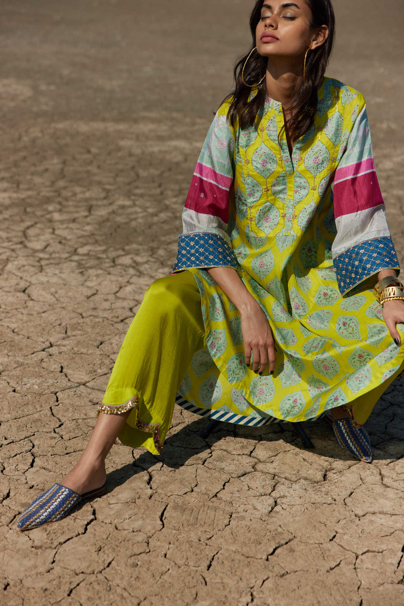 LIME PRINTED SILK BACK PLEAT KURTA SET Kurta Sets by Rajiramniq for women in Singapore