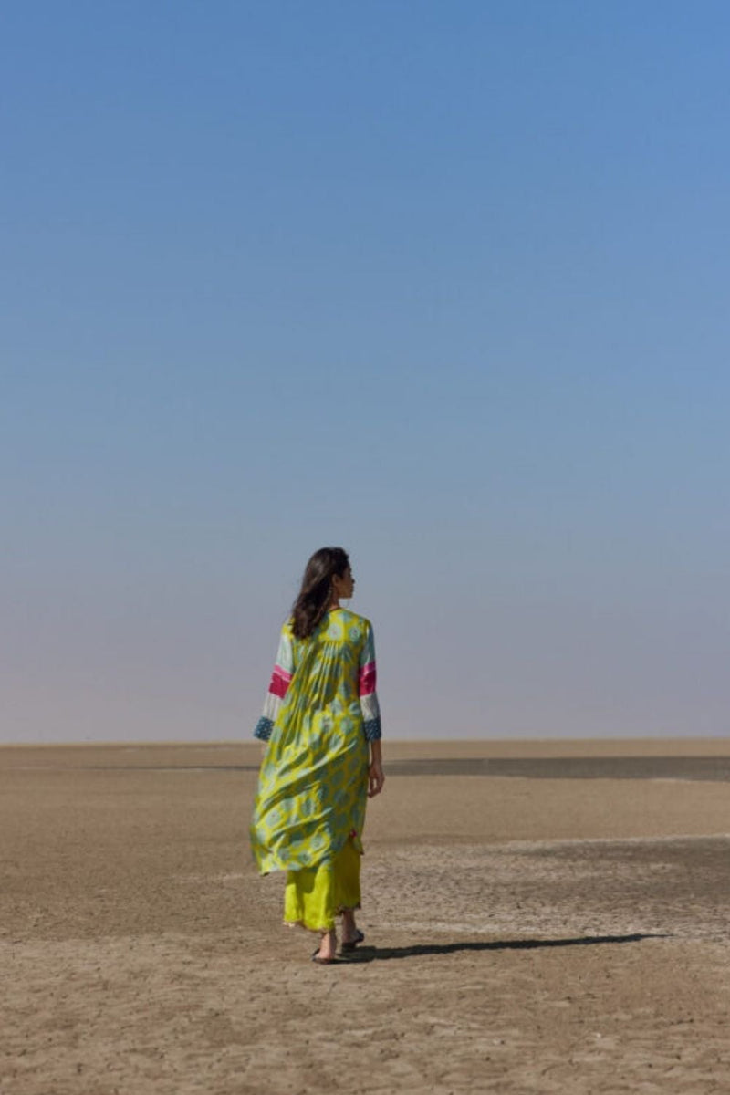LIME PRINTED SILK BACK PLEAT KURTA SET Kurta Sets by Rajiramniq for women in Singapore