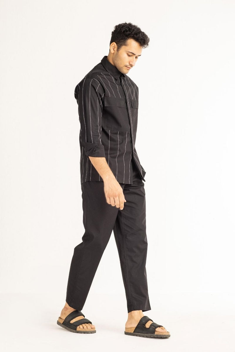 Linear Embroidered Shirt Co-ord - Black Co-ord Set by THREE Men for men in Singapore