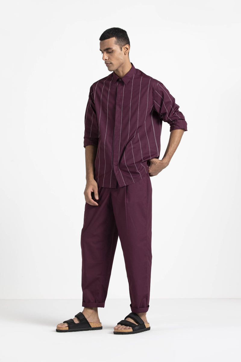 Linear Embroidered Shirt - Wine by THREE Men for men in Singapore