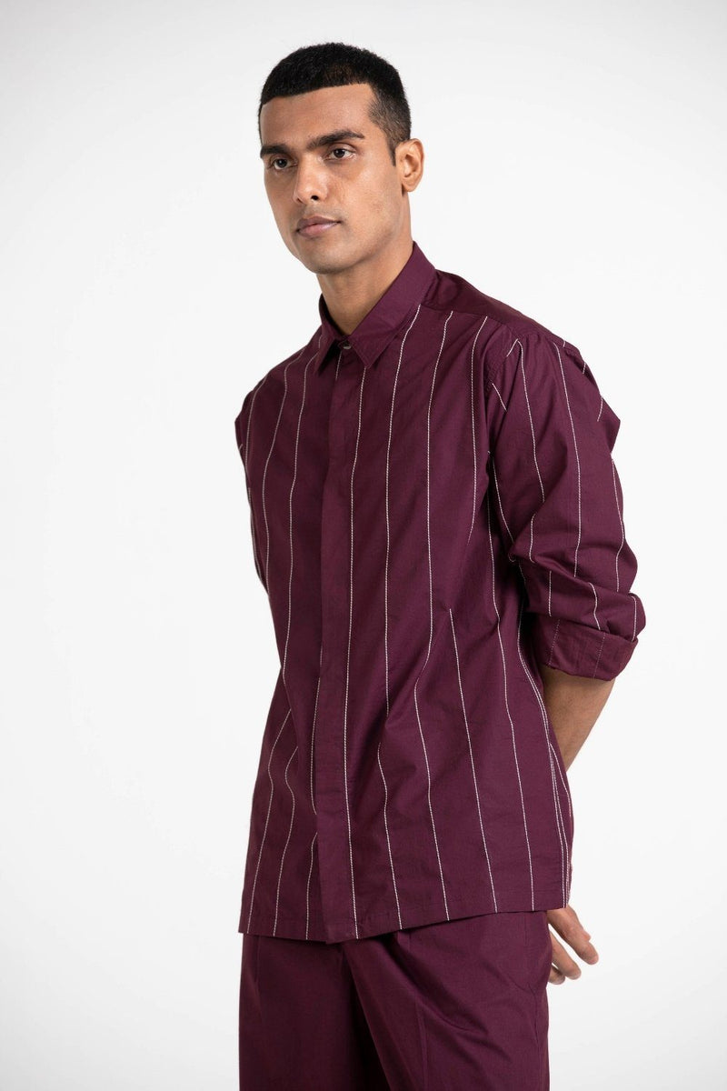 Linear Embroidered Shirt - Wine by THREE Men for men in Singapore