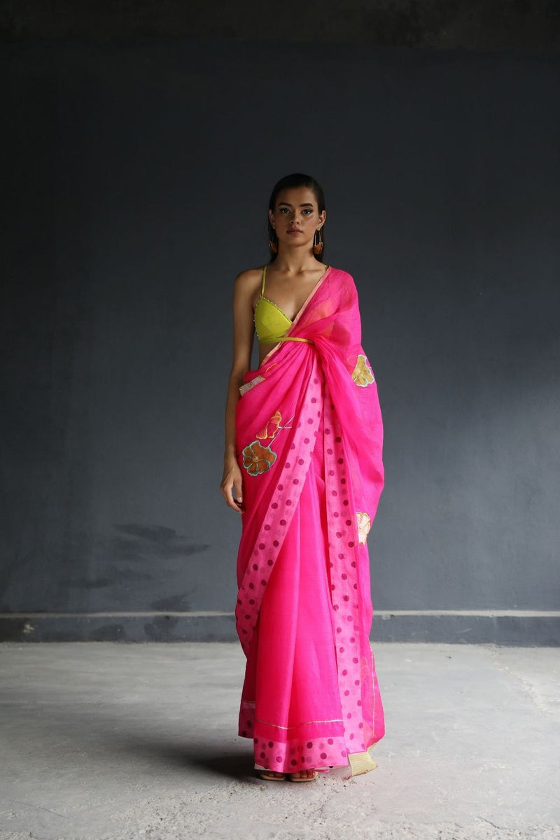 LOVE TO DOT HOT PINK FLORAL KOTA SARI Sarees by Rajiramniq for women in Singapore
