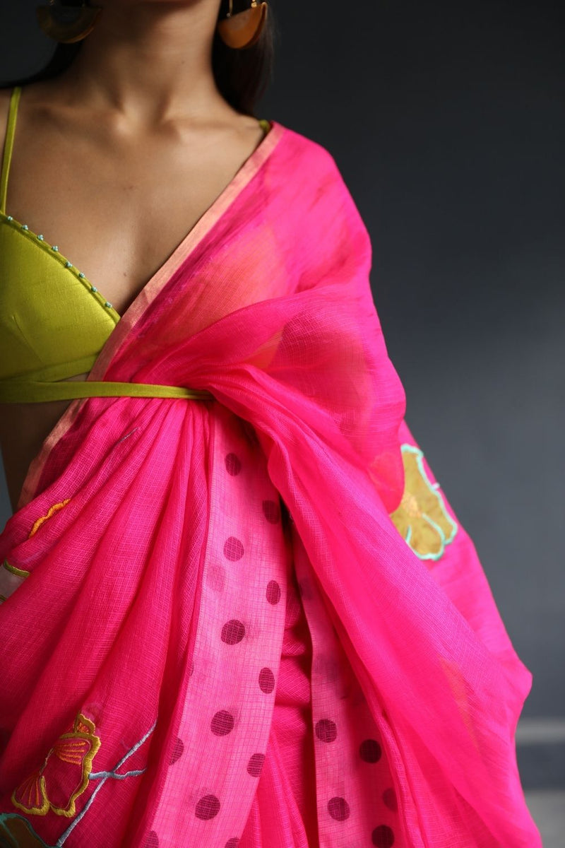 LOVE TO DOT HOT PINK FLORAL KOTA SARI Sarees by Rajiramniq for women in Singapore