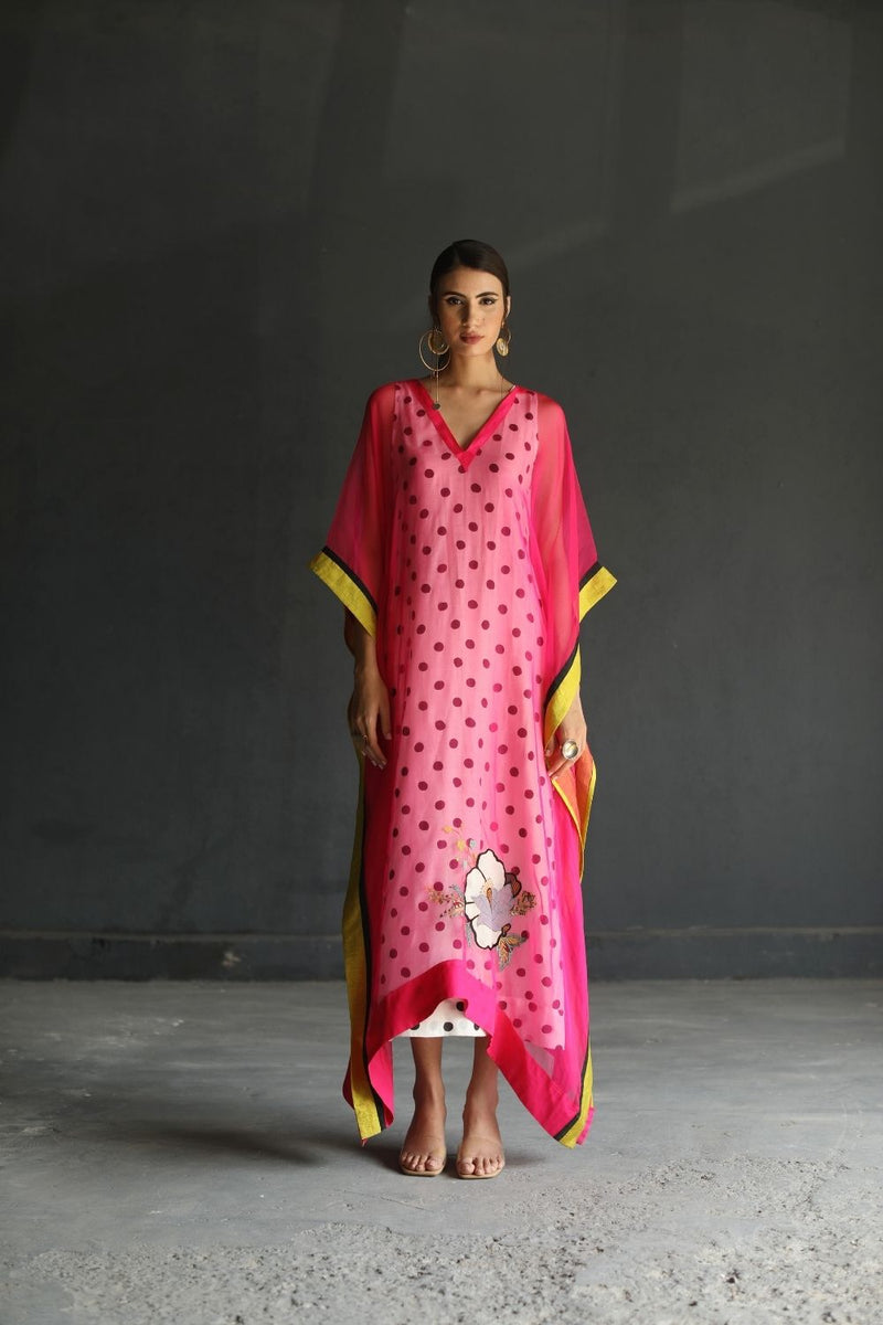 LOVE TO DOT HOT PINK FLOWER ORGANZA KAFTAN Top & Tunics,Kurta Sets,Dress by Rajiramniq for women in Singapore