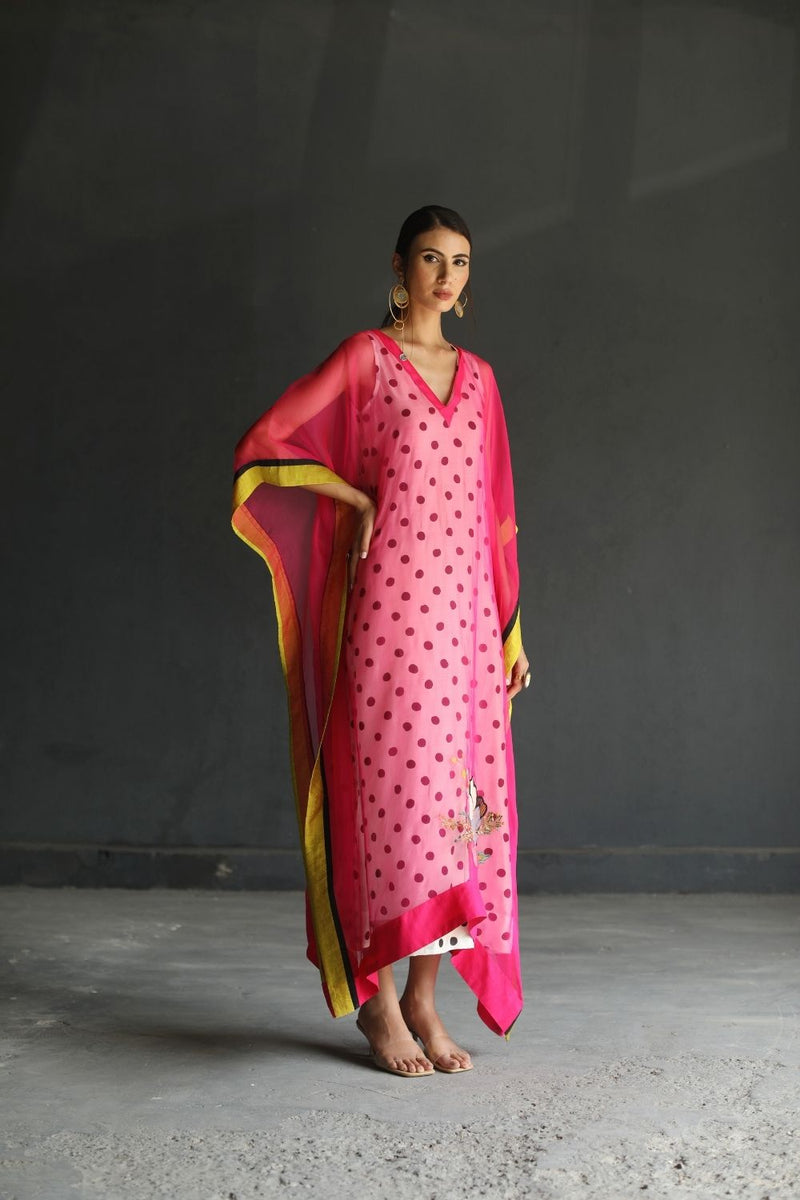 LOVE TO DOT HOT PINK FLOWER ORGANZA KAFTAN Top & Tunics,Kurta Sets,Dress by Rajiramniq for women in Singapore