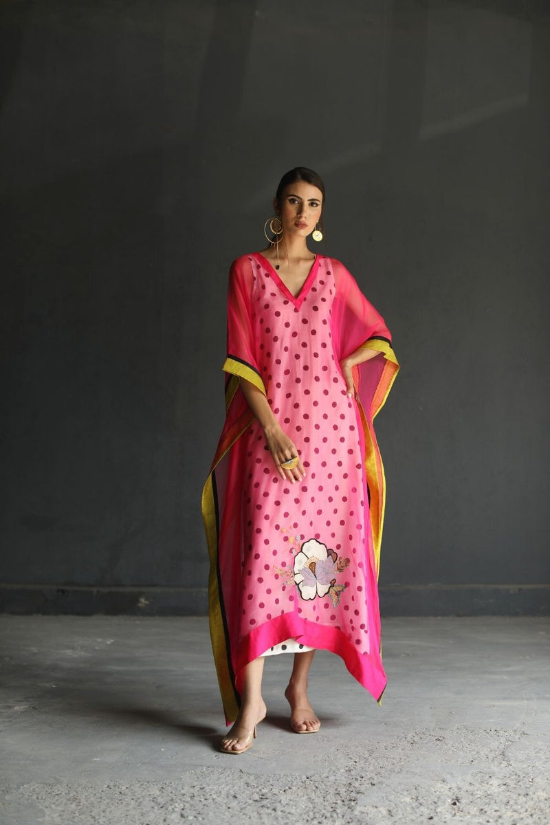 LOVE TO DOT HOT PINK FLOWER ORGANZA KAFTAN Top & Tunics,Kurta Sets,Dress by Rajiramniq for women in Singapore