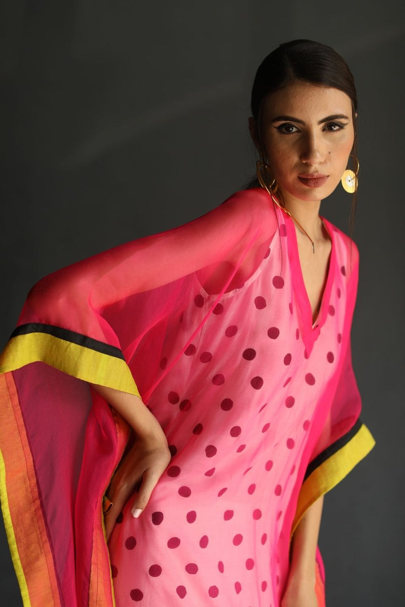 LOVE TO DOT HOT PINK FLOWER ORGANZA KAFTAN Top & Tunics,Kurta Sets,Dress by Rajiramniq for women in Singapore