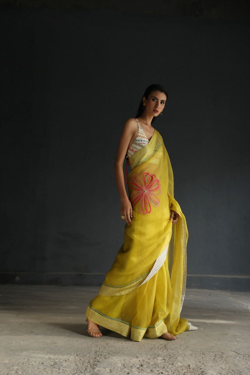 LOVE TO DOT YELLOW FLOWER ORGANZA SARI Sarees by Rajiramniq for women in Singapore