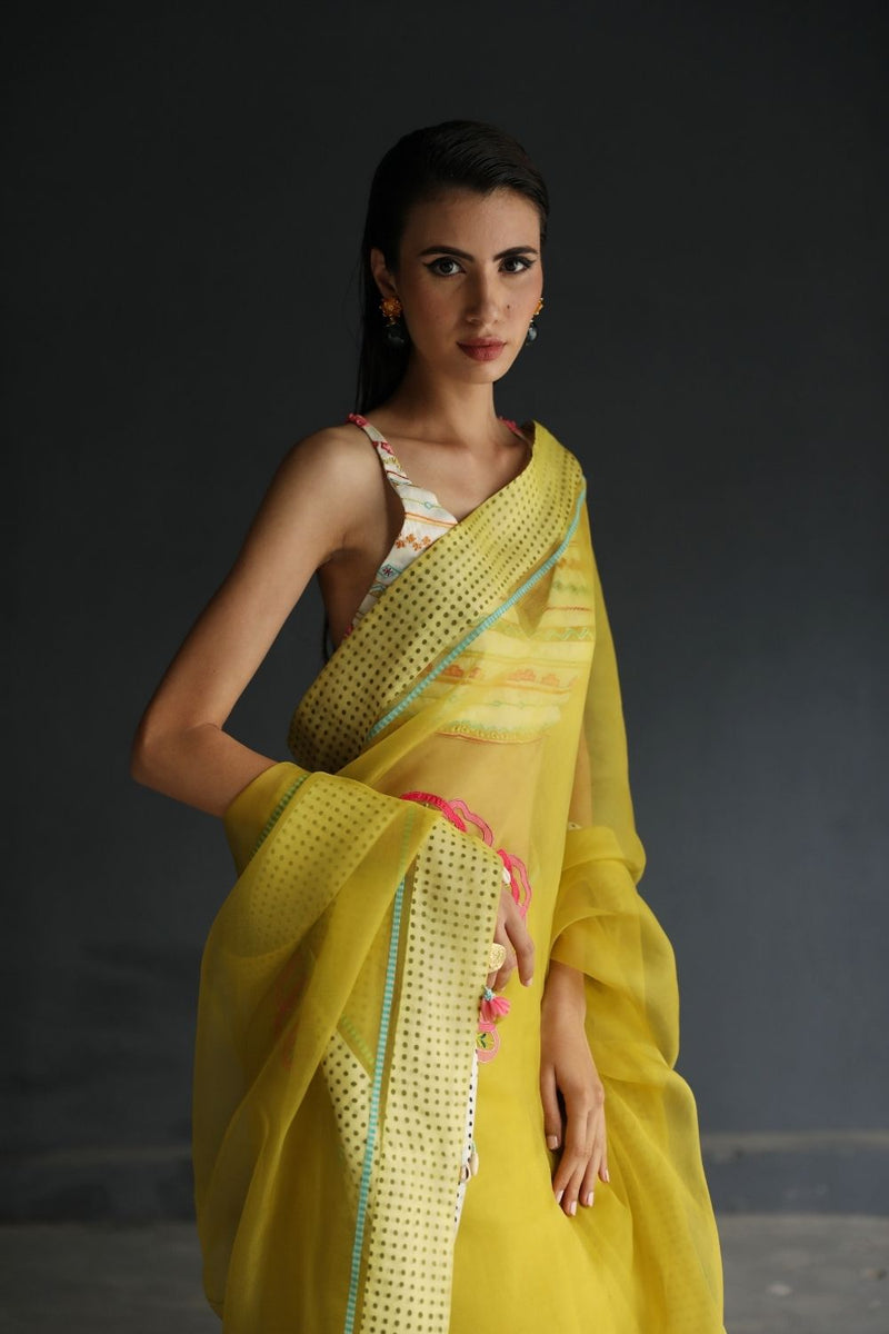 LOVE TO DOT YELLOW FLOWER ORGANZA SARI Sarees by Rajiramniq for women in Singapore