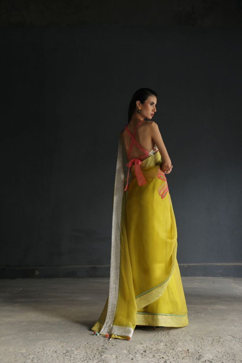 LOVE TO DOT YELLOW FLOWER ORGANZA SARI Sarees by Rajiramniq for women in Singapore