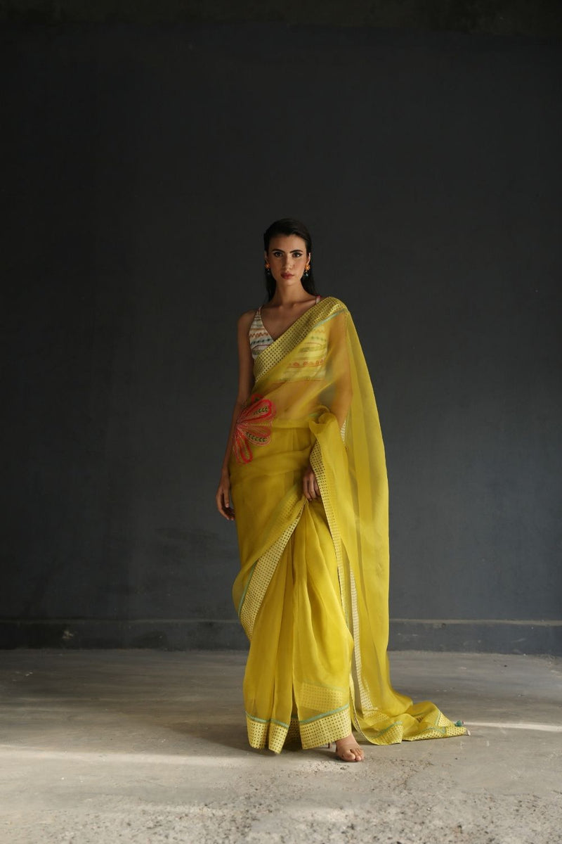 LOVE TO DOT YELLOW FLOWER ORGANZA SARI Sarees by Rajiramniq for women in Singapore