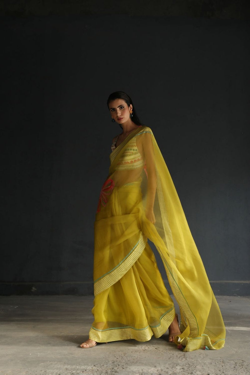 LOVE TO DOT YELLOW FLOWER ORGANZA SARI Sarees by Rajiramniq for women in Singapore