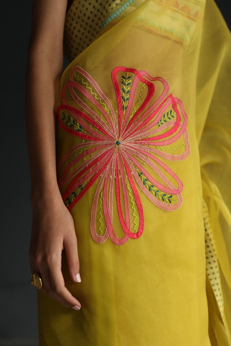LOVE TO DOT YELLOW FLOWER ORGANZA SARI Sarees by Rajiramniq for women in Singapore