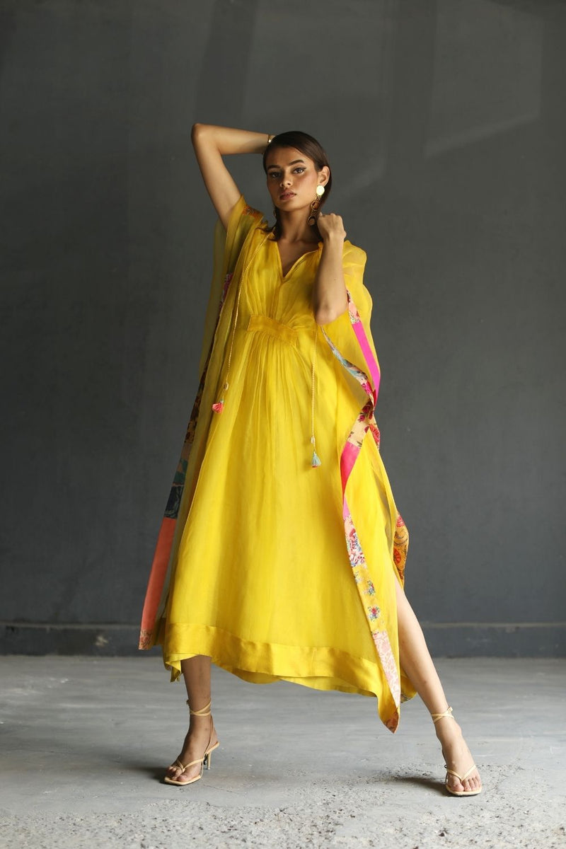 LOVE TO DOT YELLOW ORGANZA KAFTAN Top & Tunics,Kurta Sets by Rajiramniq for women in Singapore