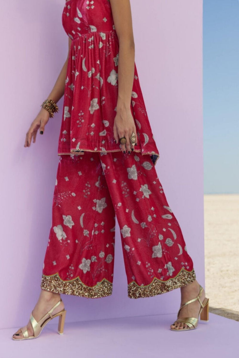 MAGENTA PRINTED SILK VELVET PUCKERING KURTA SET Kurta Sets by Rajiramniq for women in Singapore