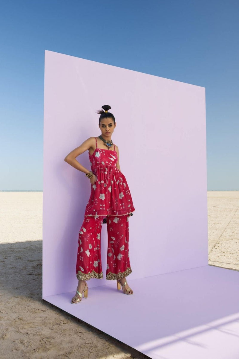 MAGENTA PRINTED SILK VELVET PUCKERING KURTA SET Kurta Sets by Rajiramniq for women in Singapore