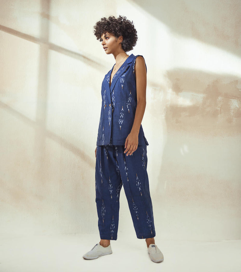 Marine Blue Ikat Co-ord Set Co-ord Set by Khara Kapas for women in Singapore