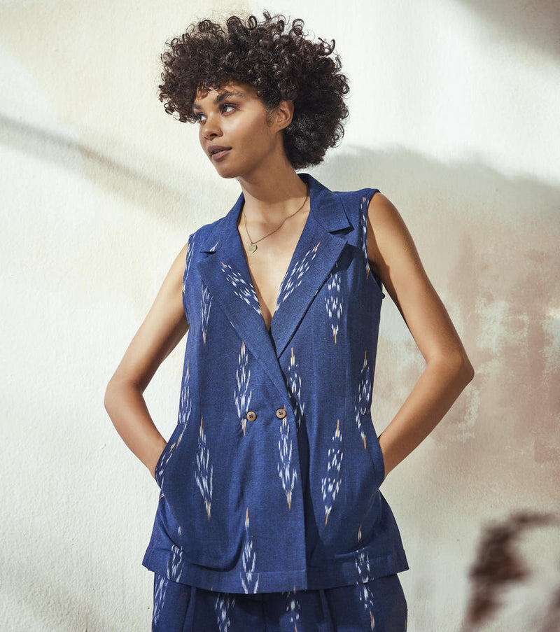 Marine Blue Ikat Co-ord Set Co-ord Set by Khara Kapas for women in Singapore