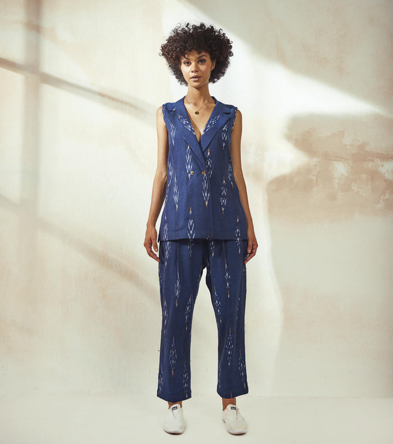 Marine Blue Ikat Co-ord Set Co-ord Set by Khara Kapas for women in Singapore