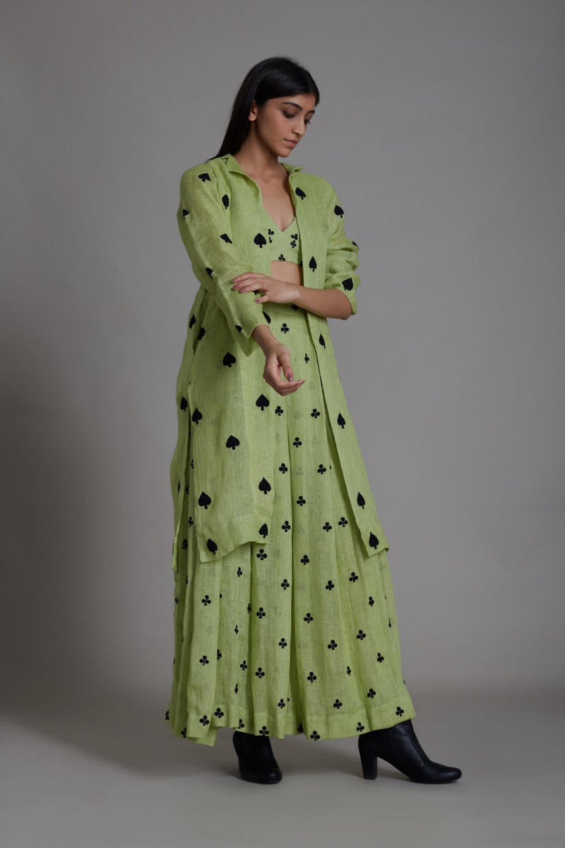 MATI CLUB COVER LEHENGA SET-GREEN linen by Mati for women in Singapore