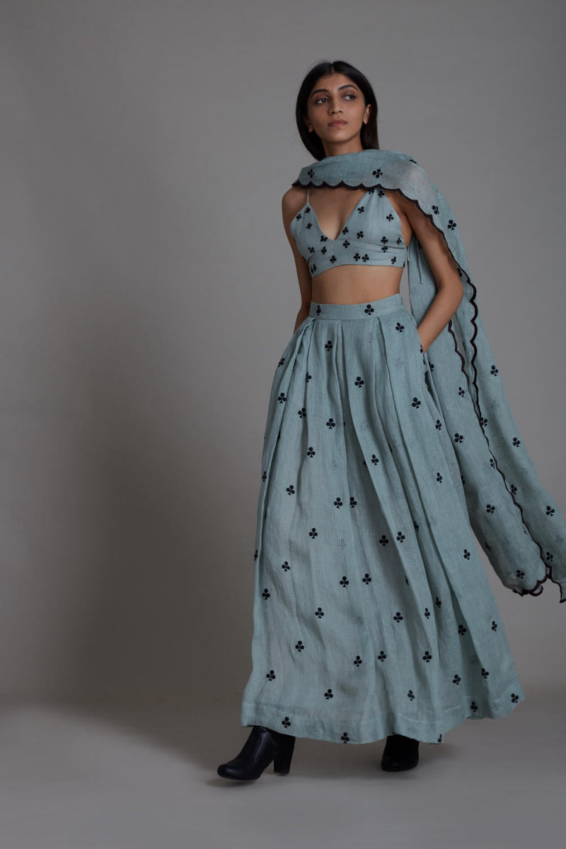 MATI CLUBS COUNTER LEHENGA SET-BLUE linen Lehenga Set by Mati for women in Singapore