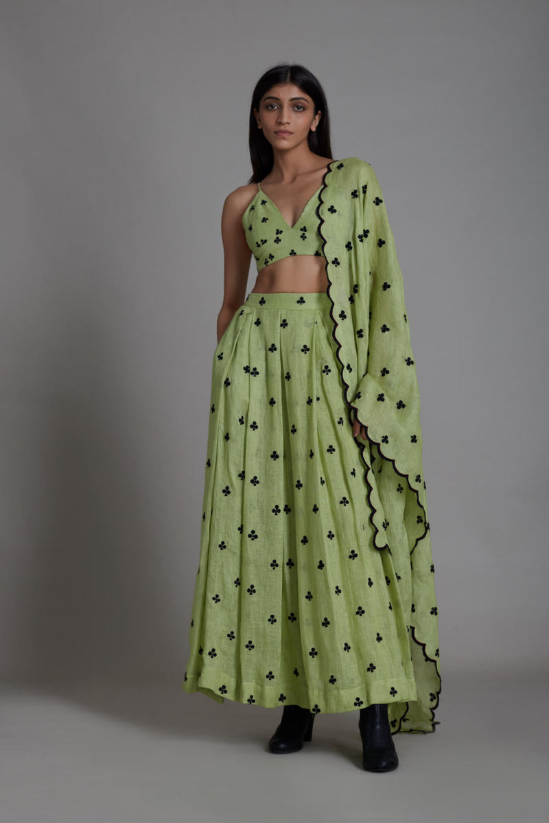 MATI CLUBS COUNTER LEHENGA SET-GREEN linen Lehenga Set by Mati for women in Singapore