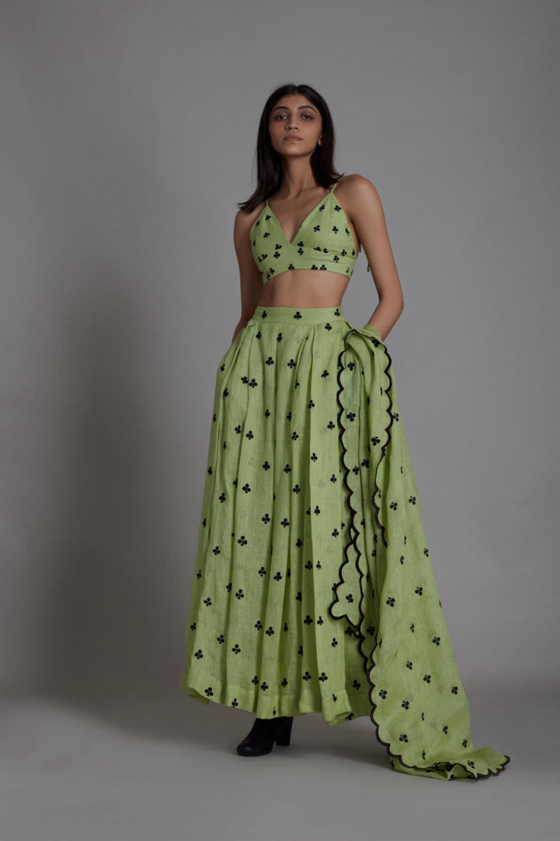 MATI CLUBS COUNTER LEHENGA SET-GREEN linen Lehenga Set by Mati for women in Singapore