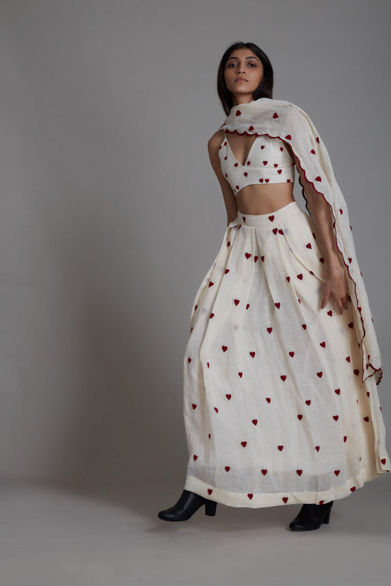 MATI HEART COUNTER LEHENGA SET-OATMEAL linen Lehenga Set by Mati for women in Singapore