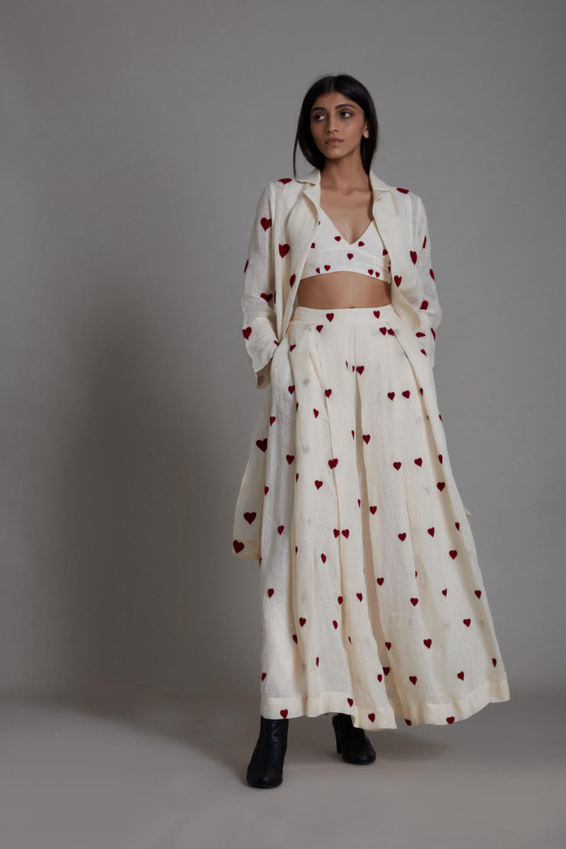 MATI HEART COVER LEHENGA SET-OATMEAL (SET OF 3) linen Co-ord Set by Mati in white color for women in Singapore