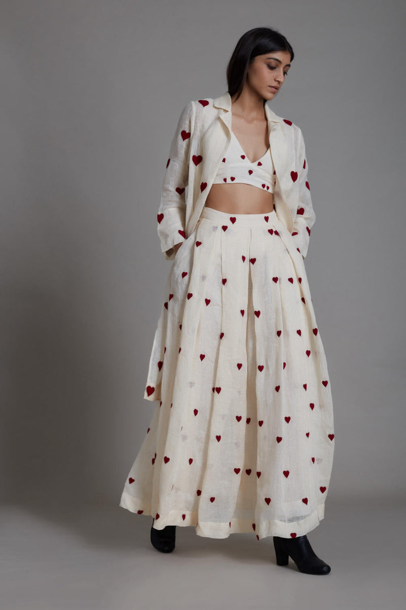 MATI HEART COVER LEHENGA SET-OATMEAL (SET OF 3) linen Co-ord Set by Mati in white color for women in Singapore