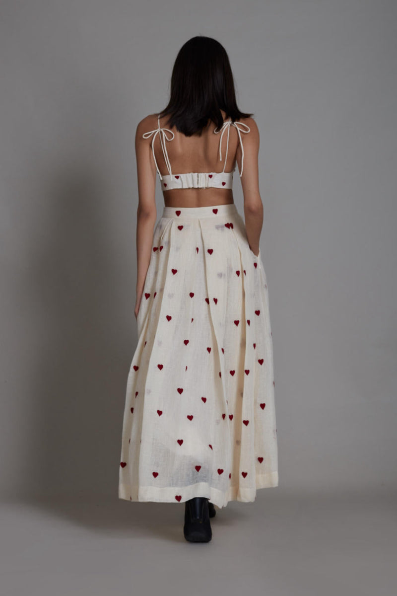 MATI HEART LEHENGA-OATMEAL linen Skirts by Mati in white color for women in Singapore