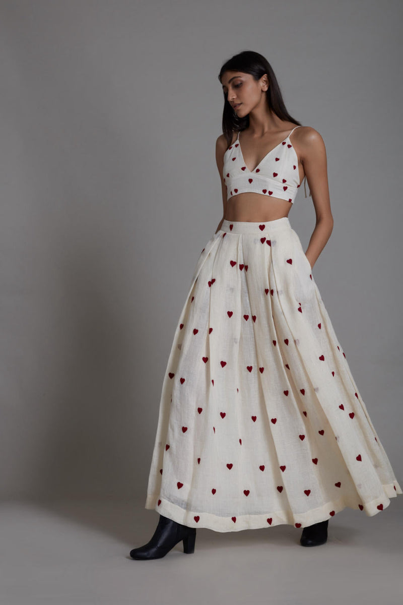 MATI HEART LEHENGA-OATMEAL linen Skirts by Mati in white color for women in Singapore