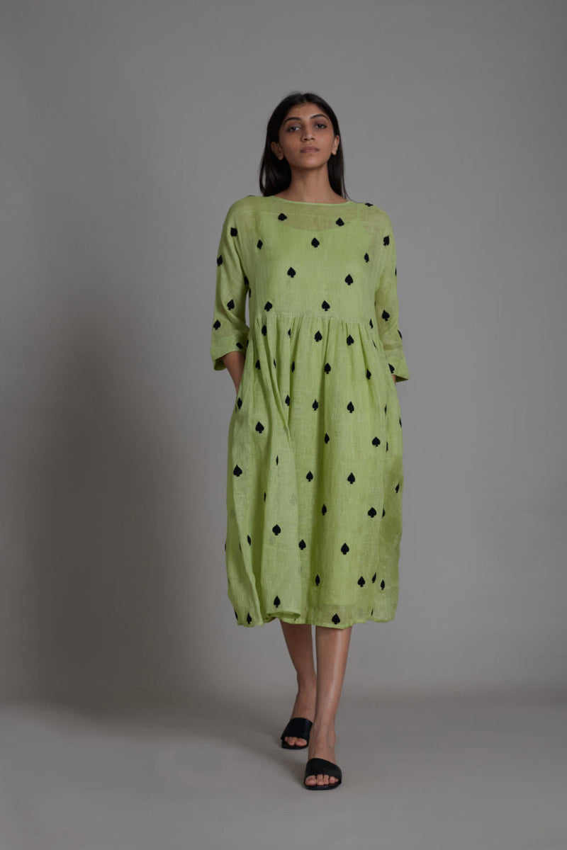 MATI TEEN PATTI DRESS-GREEN linen by Mati for women in Singapore