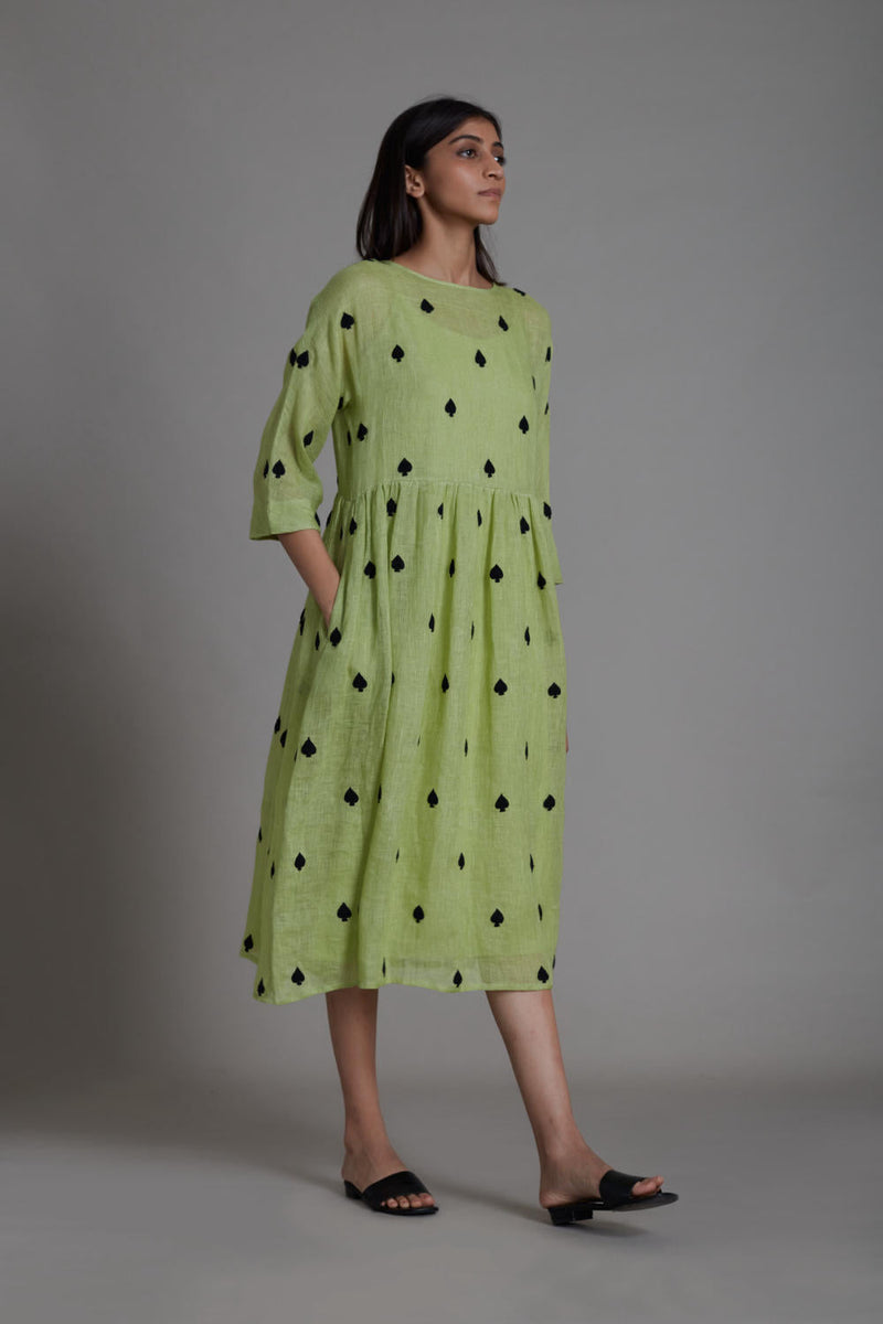 MATI TEEN PATTI DRESS-GREEN linen by Mati for women in Singapore