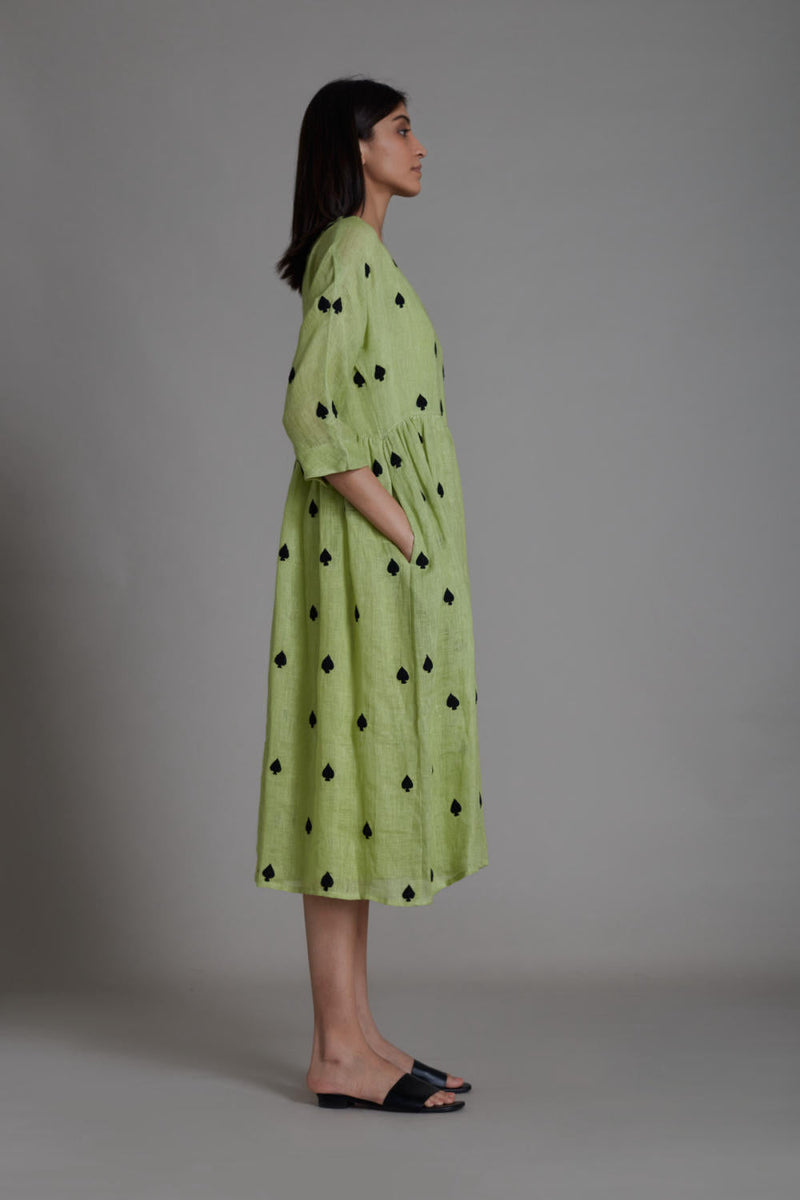 MATI TEEN PATTI DRESS-GREEN linen by Mati for women in Singapore
