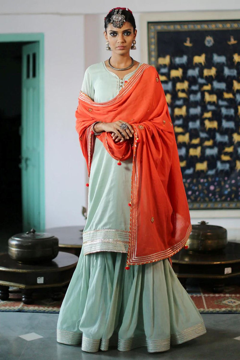 MINT & TANGERINE SHARARA SET Kurta Sets by Khara Kapas for women in Singapore