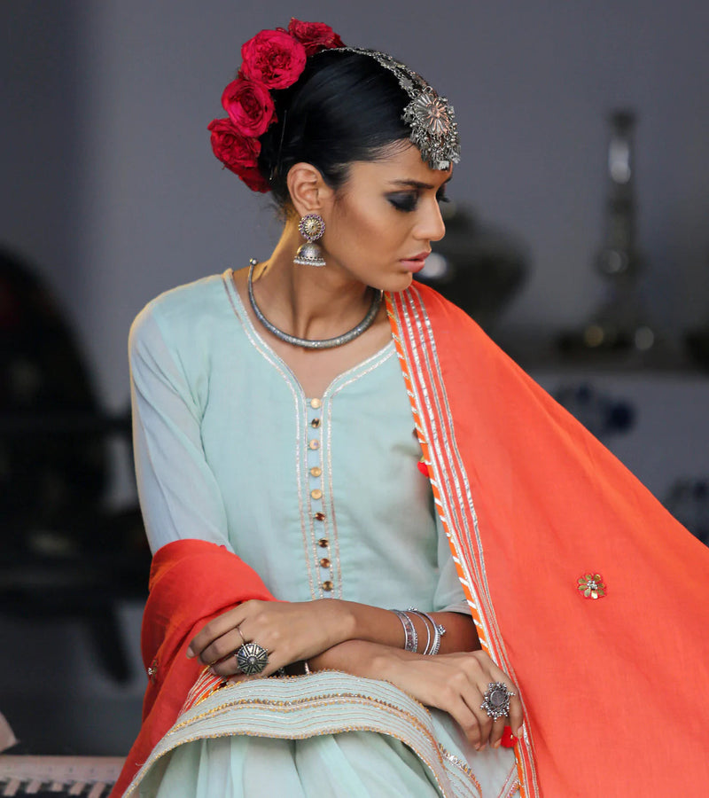 MINT & TANGERINE SHARARA SET Kurta Sets by Khara Kapas for women in Singapore