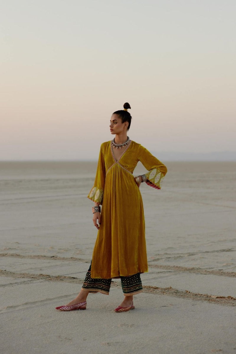 MUSTARD YELLOW BELL SLEEVE SILK VELVET KURTA SET Kurta Sets by Rajiramniq for women in Singapore