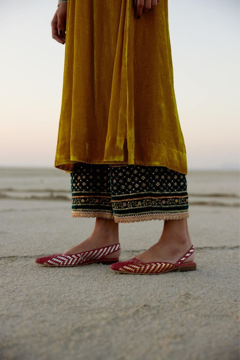 MUSTARD YELLOW BELL SLEEVE SILK VELVET KURTA SET Kurta Sets by Rajiramniq for women in Singapore
