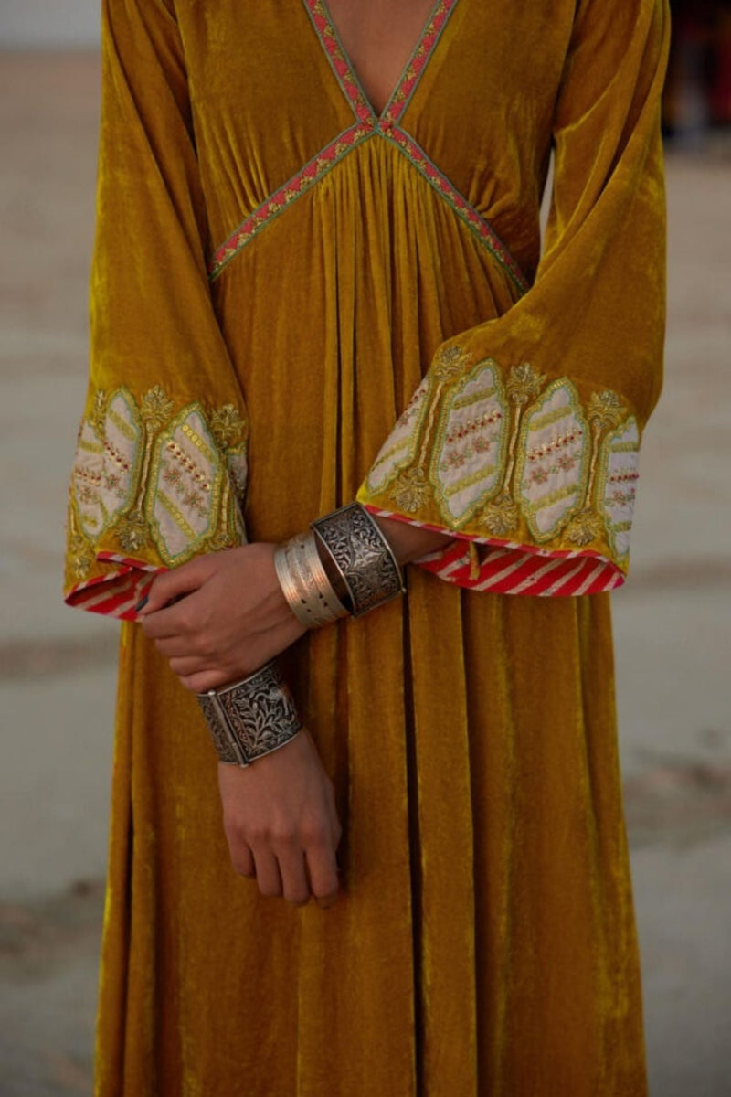 MUSTARD YELLOW BELL SLEEVE SILK VELVET KURTA SET Kurta Sets by Rajiramniq for women in Singapore