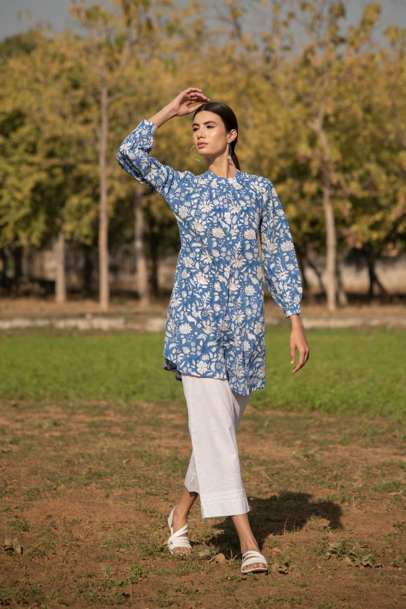 No More Blues Tunic- Blue Hand Block Printed Cotton Tunic Top Fashion Marche