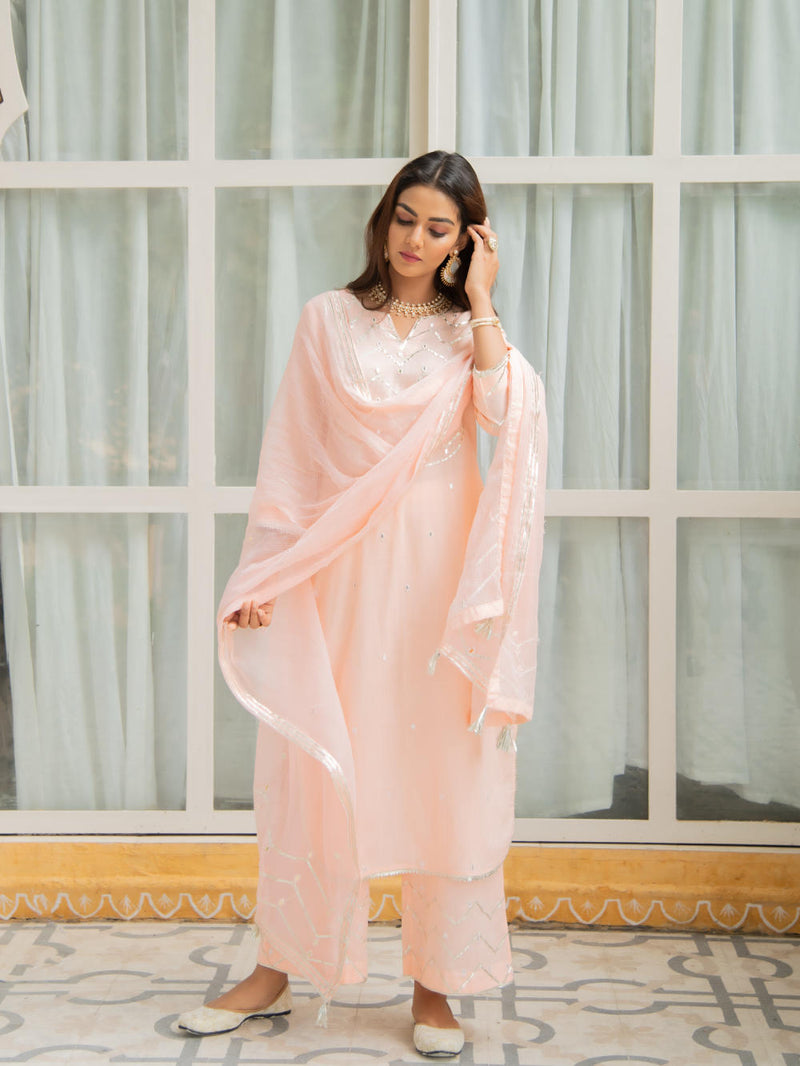 Noor Amaltas - Peach Gota Mirror Work Set Noor Amaltas - Peach Gota Mirror Work Salwar Suit Set by Maison Shefali by Maison Shefali for women in Singapore