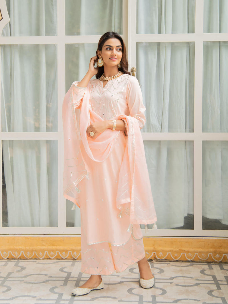 Noor Amaltas - Peach Gota Mirror Work Set Noor Amaltas - Peach Gota Mirror Work Salwar Suit Set by Maison Shefali by Maison Shefali for women in Singapore