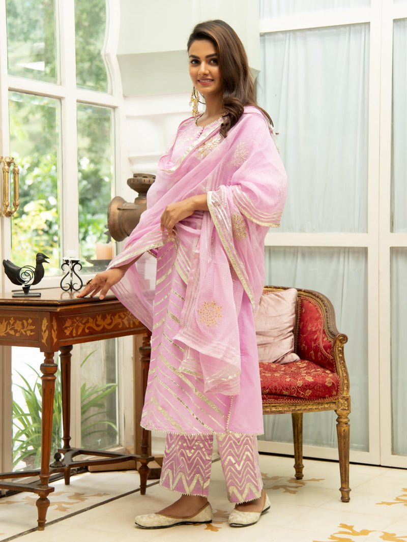 Noor Gulabi - Gota Work Kurta Set (Pink & Gold) Noor Gulabi - Gota Work Kurta Salwar Suit Set by Maison Shefali by Maison Shefali for women in Singapore