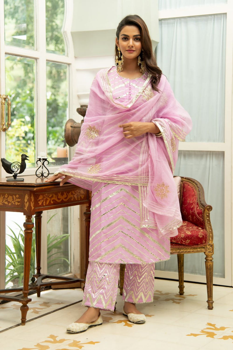 Noor Gulabi - Gota Work Kurta Set (Pink & Gold) Noor Gulabi - Gota Work Kurta Salwar Suit Set by Maison Shefali by Maison Shefali for women in Singapore