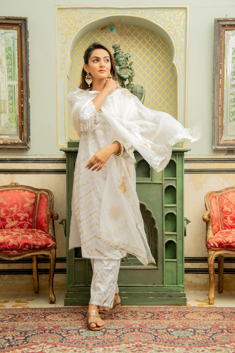 Noor Shwet - Gota Work Lehriya Set Noor Shwet - Gota Work Lehriya Salwar Suit Set by Maison Shefali by Maison Shefali for women in Singapore