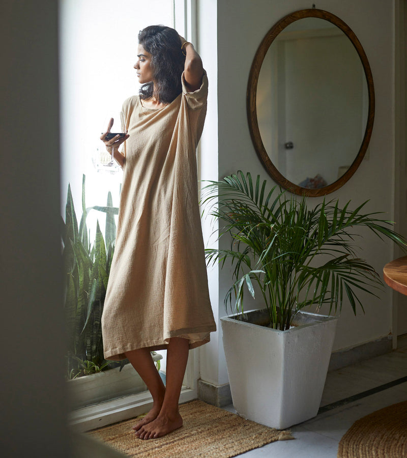 Oatmeal Kaftan Lounge Wear by Khara Kapas for women in Singapore