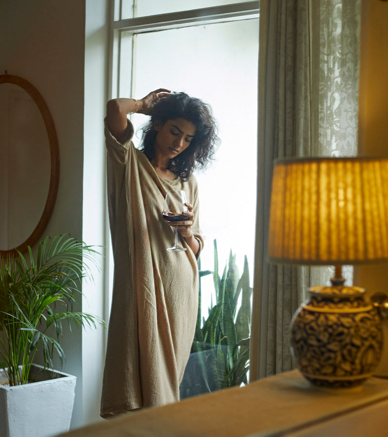 Oatmeal Kaftan Lounge Wear by Khara Kapas for women in Singapore