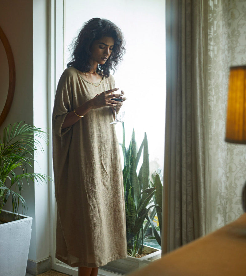 Oatmeal Kaftan Lounge Wear by Khara Kapas for women in Singapore